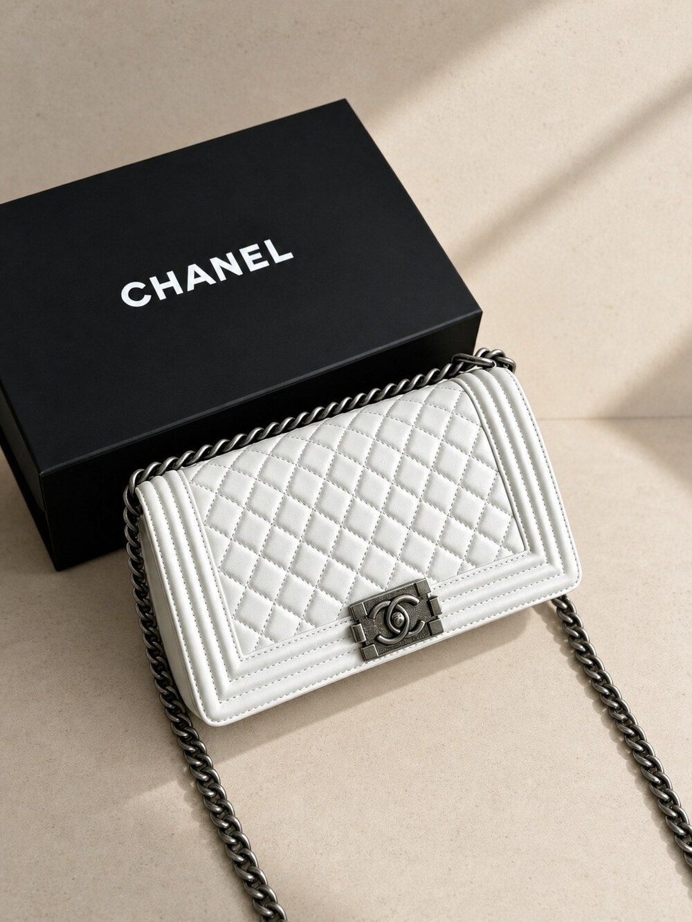 Chanel White Lambskin Shoulder Carry Bag | Boy Medium